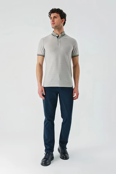 Taş Rengi Desenli Jakarlı Düğmeli Yaka Cepli Casual Slim Fit Dar Kesim Tişört 1011240175 - Resim 2