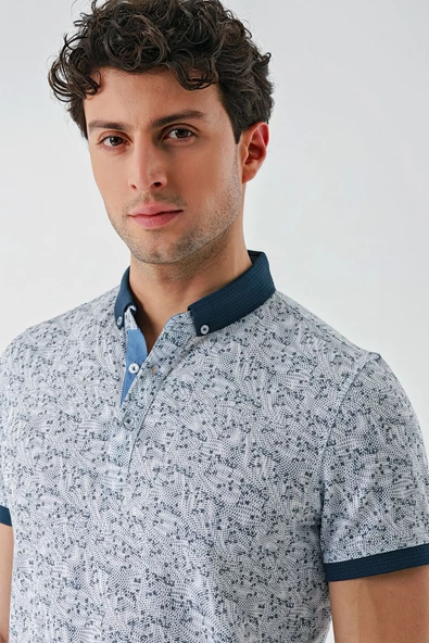 Koyu Lacivert Baskılı Jakarlı Düğmeli Yaka Cepli Casual Slim Fit Dar Kesim Tişört 1011240173 - 6