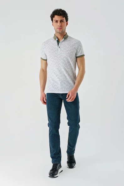Koyu Haki Baskılı Jakarlı Düğmeli Yaka Cepli Casual Slim Fit Dar Kesim Tişört 1011240173 - 4