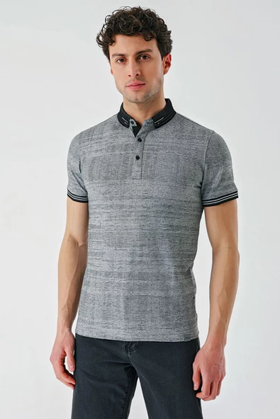 Siyah Desenli Jakarlı Düğmeli Yaka Cepli Casual Slim Fit Dar Kesim Tişört 1011240174 - Resim 5