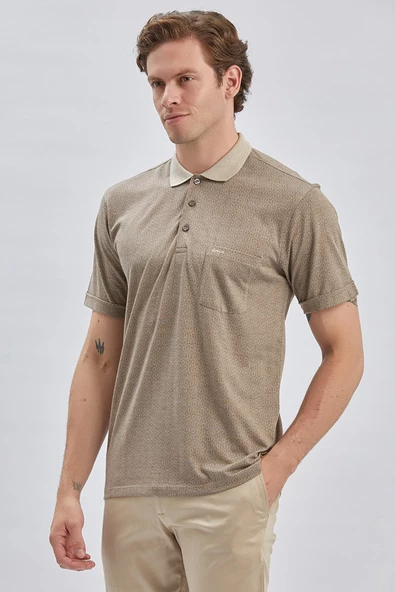 Taş Rengi Desenli Jakarlı Polo Yaka Cepli Klasik Comfort Fit Rahat Kesim Tişört 1011240172 - Resim 3