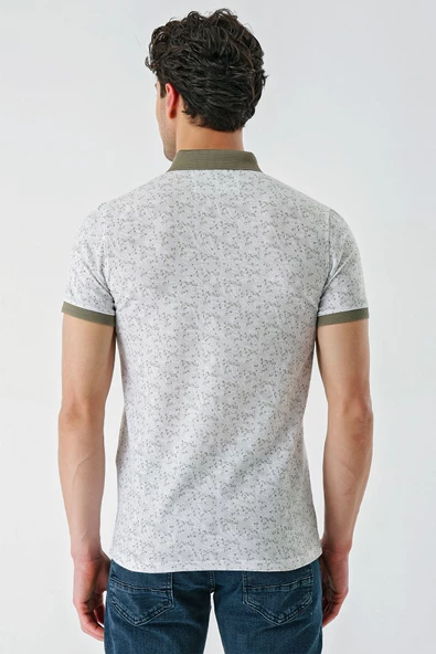 Koyu Haki Baskılı Jakarlı Düğmeli Yaka Cepli Casual Slim Fit Dar Kesim Tişört 1011240173 - 7