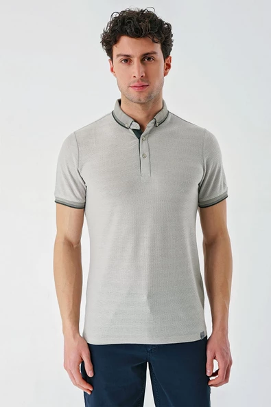 Taş Rengi Desenli Jakarlı Düğmeli Yaka Cepli Casual Slim Fit Dar Kesim Tişört 1011240175 - Resim 4