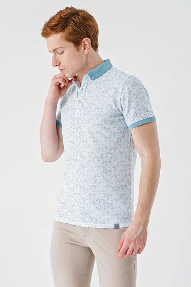 Açık Yeşil Baskılı Jakarlı Düğmeli Yaka Cepli Casual Slim Fit Dar Kesim Tişört 1011240173 - 3