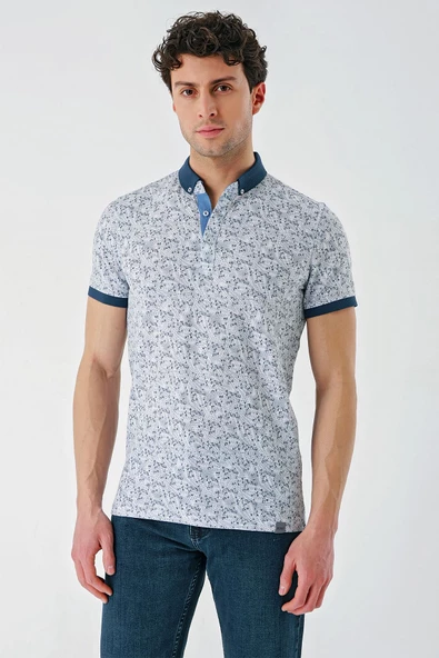 Koyu Lacivert Baskılı Jakarlı Düğmeli Yaka Cepli Casual Slim Fit Dar Kesim Tişört 1011240173