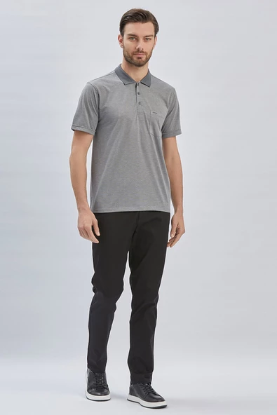 Füme Desenli Jakarlı Polo Yaka Cepli Klasik Comfort Fit Rahat Kesim Tişört 1011240172