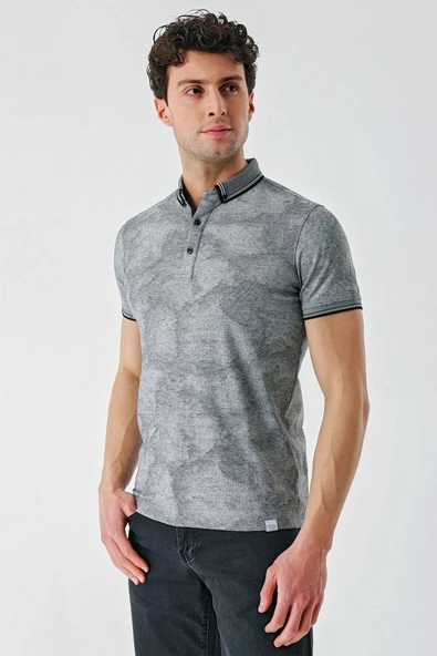 Siyah Desenli Jakarlı Düğmeli Yaka Cepli Casual Slim Fit Dar Kesim Tişört 1011240176 - Resim 2