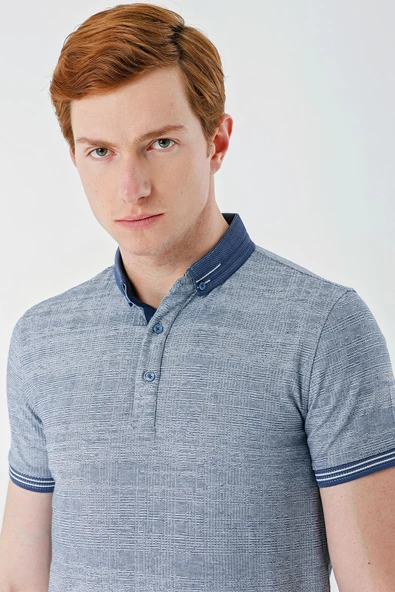 İndigo Mavi Desenli Jakarlı Düğmeli Yaka Cepli Casual Slim Fit Dar Kesim Tişört 1011240174 - 5