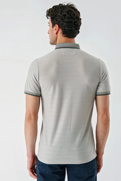 Taş Rengi Desenli Jakarlı Düğmeli Yaka Cepli Casual Slim Fit Dar Kesim Tişört 1011240175 - Resim 6