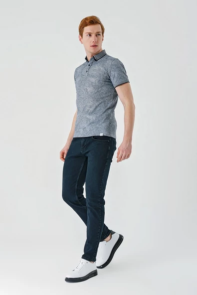 Koyu Lacivert Desenli Jakarlı Düğmeli Yaka Cepli Casual Slim Fit Dar Kesim Tişört 1011240176 - Resim 7