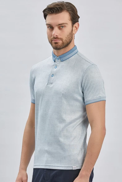 Koyu Mavi Desenli Merserize Düğmeli Yaka Pamuklu Casual Slim Fit Dar Kesim Tişört 1011240161 - 5
