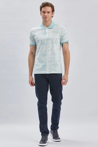 Koyu Mavi Baskılı Pike Polo Yaka Garnili %100 Pamuk Casual Slim Fit Dar Kesim Tişört 1011240157 - Resim 2
