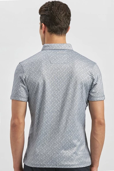 Koyu Lacivert Desenli Merserize Düğmeli Yaka Pamuklu Casual Slim Fit Dar Kesim Tişört 1011240163 - Resim 6