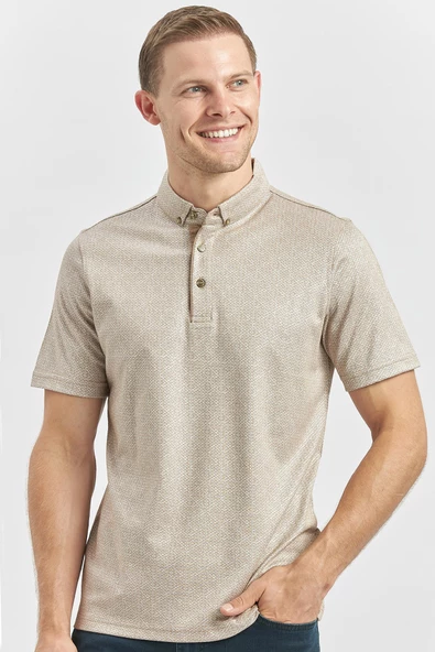 Bej Desenli Merserize Düğmeli Yaka Garnili Pamuklu Casual Slim Fit Dar Kesim Tişört 1011240164 - Resim 3