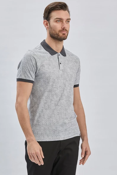 Koyu Antrasit Baskılı Pike Polo Yaka Pamuklu Likralı Casual Slim Fit Dar Kesim Tişört 1011240158 - Resim 2