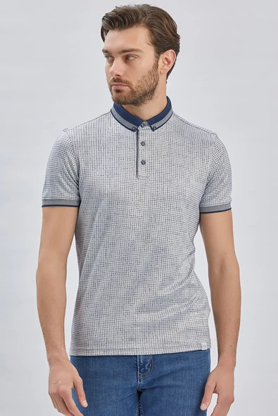 Koyu Lacivert Desenli Merserize Düğmeli Yaka Pamuklu Casual Slim Fit Dar Kesim Tişört 1011240161 - Resim 4