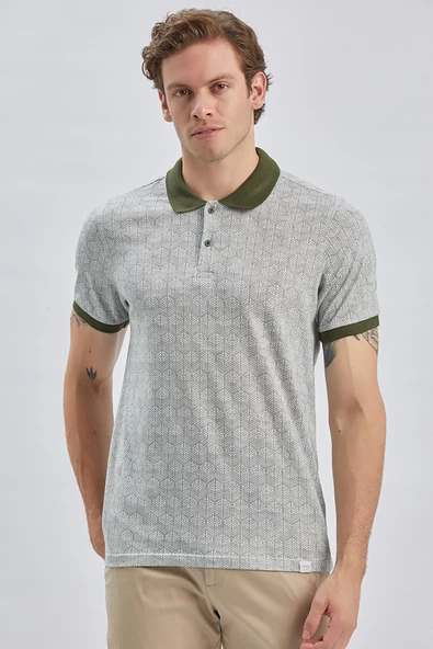 Koyu Haki Baskılı Pike Polo Yaka Pamuklu Likralı Casual Slim Fit Dar Kesim Tişört 1011240158 - Resim 3