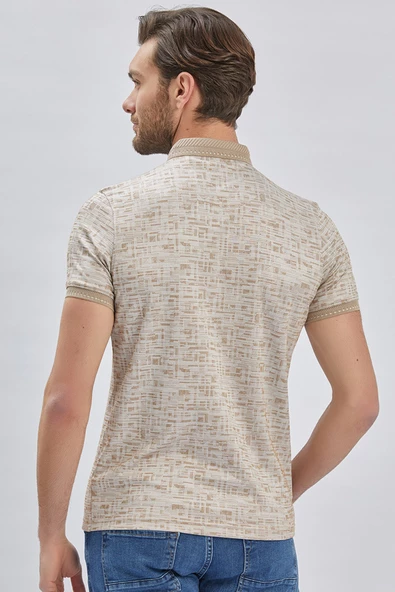 Bej Desenli Merserize Düğmeli Yaka Pamuklu Casual Slim Fit Dar Kesim Tişört 1011240160 - 5