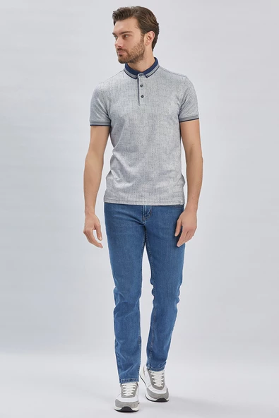 Koyu Lacivert Desenli Merserize Düğmeli Yaka Pamuklu Casual Slim Fit Dar Kesim Tişört 1011240161