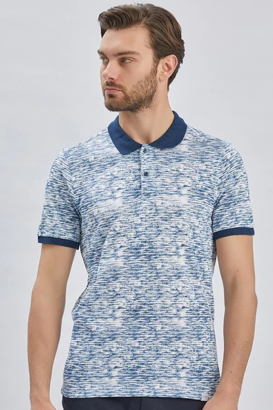 Lacivert Baskılı Pike Polo Yaka Garnili %100 Pamuk Casual Slim Fit Dar Kesim Tişört 1011240157 - Resim 2