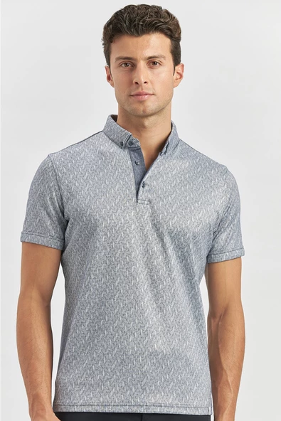 Koyu Lacivert Desenli Merserize Düğmeli Yaka Pamuklu Casual Slim Fit Dar Kesim Tişört 1011240163 - Resim 4