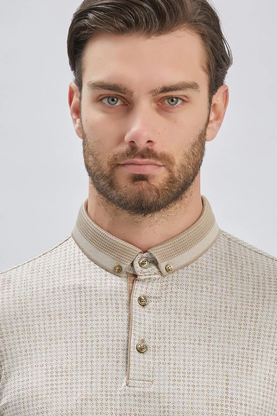 Bej Desenli Merserize Düğmeli Yaka Pamuklu Casual Slim Fit Dar Kesim Tişört 1011240161 - 5