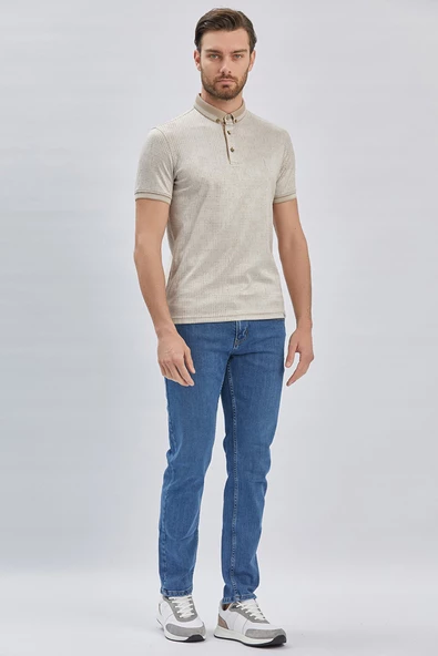 Bej Desenli Merserize Düğmeli Yaka Pamuklu Casual Slim Fit Dar Kesim Tişört 1011240161 - 4