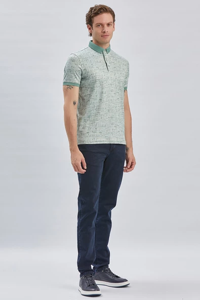 Koyu Yeşil Desenli Merserize Düğmeli Yaka Pamuklu Casual Slim Fit Dar Kesim Tişört 1011240160