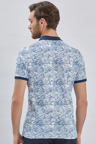 Lacivert Baskılı Pike Polo Yaka Garnili %100 Pamuk Casual Slim Fit Dar Kesim Tişört 1011240157 - Resim 6