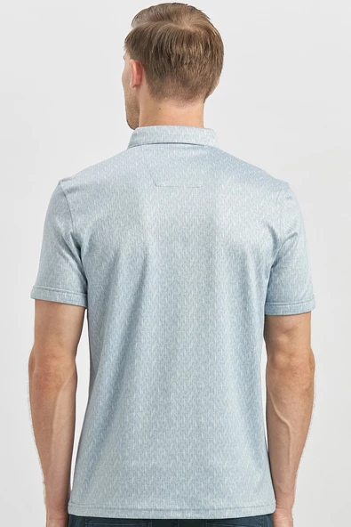 Koyu Mavi Desenli Merserize Düğmeli Yaka Pamuklu Casual Slim Fit Dar Kesim Tişört 1011240163 - Resim 6