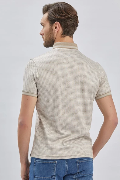 Bej Desenli Merserize Düğmeli Yaka Pamuklu Casual Slim Fit Dar Kesim Tişört 1011240161 - 6