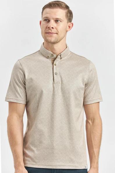 Bej Desenli Merserize Düğmeli Yaka Garnili Pamuklu Casual Slim Fit Dar Kesim Tişört 1011240164 - Resim 5