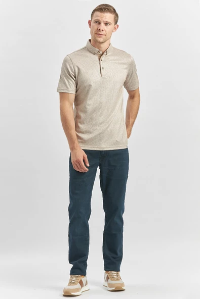 Bej Desenli Merserize Düğmeli Yaka Garnili Pamuklu Casual Slim Fit Dar Kesim Tişört 1011240164 - Resim 2