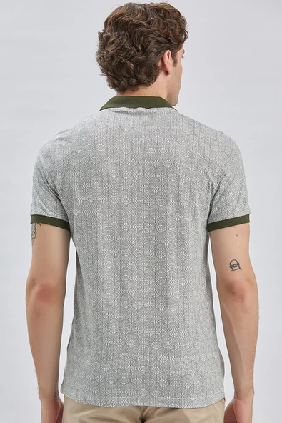 Koyu Haki Baskılı Pike Polo Yaka Pamuklu Likralı Casual Slim Fit Dar Kesim Tişört 1011240158 - Resim 5