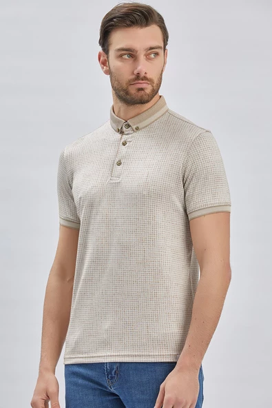 Bej Desenli Merserize Düğmeli Yaka Pamuklu Casual Slim Fit Dar Kesim Tişört 1011240161 - 2