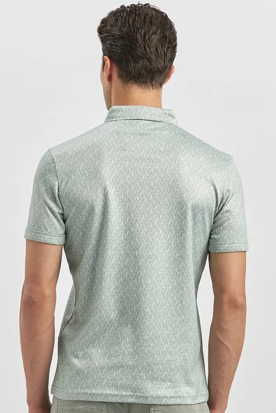 Koyu Yeşil Desenli Merserize Düğmeli Yaka Pamuklu Casual Slim Fit Dar Kesim Tişört 1011240163 - Resim 6