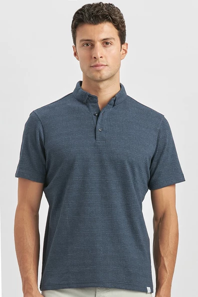 İndigo Mavi Pamuklu Likralı Casual Slim Fit Tişört 1011240153