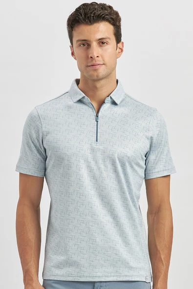 Koyu Mavi Desenli Merserize Polo Yaka Pamuklu Casual Slim Fit Dar Kesim Tişört 1011240159 - Resim 4