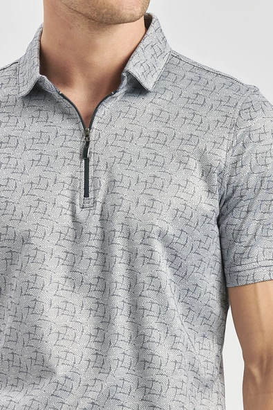 Koyu Lacivert Desenli Merserize Polo Yaka Pamuklu Casual Slim Fit Dar Kesim Tişört 1011240159 - Resim 5