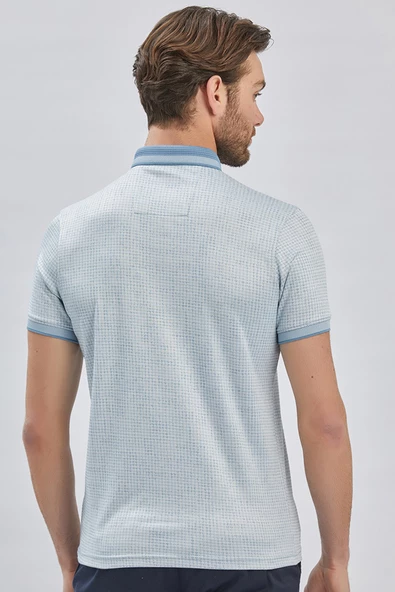 Koyu Mavi Desenli Merserize Düğmeli Yaka Pamuklu Casual Slim Fit Dar Kesim Tişört 1011240161 - 7