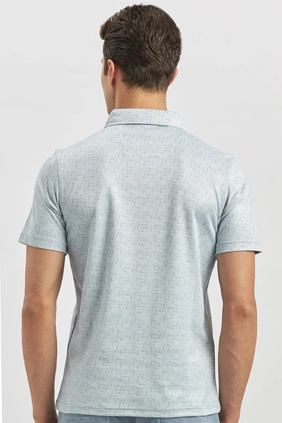 Koyu Mavi Desenli Merserize Polo Yaka Pamuklu Casual Slim Fit Dar Kesim Tişört 1011240159 - Resim 6