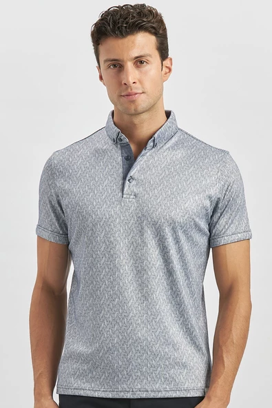 Koyu Lacivert Desenli Merserize Düğmeli Yaka Pamuklu Casual Slim Fit Dar Kesim Tişört 1011240163 - Resim 2