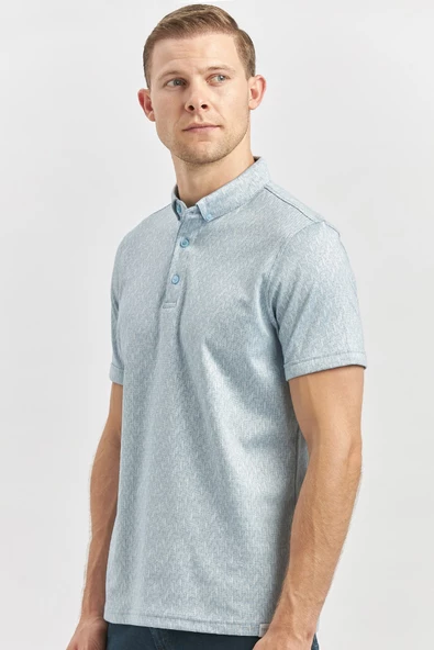 Koyu Mavi Desenli Merserize Düğmeli Yaka Pamuklu Casual Slim Fit Dar Kesim Tişört 1011240163 - Resim 5