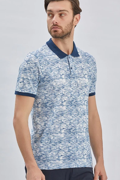 Lacivert Baskılı Pike Polo Yaka Garnili %100 Pamuk Casual Slim Fit Dar Kesim Tişört 1011240157 - Resim 4