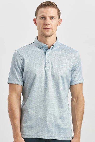 Koyu Mavi Desenli Merserize Düğmeli Yaka Pamuklu Casual Slim Fit Dar Kesim Tişört 1011240163 ürün görseli