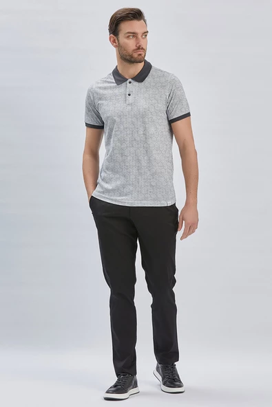 Koyu Antrasit Baskılı Pike Polo Yaka Pamuklu Likralı Casual Slim Fit Dar Kesim Tişört 1011240158 ürün görseli