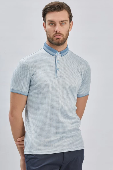 Koyu Mavi Desenli Merserize Düğmeli Yaka Pamuklu Casual Slim Fit Dar Kesim Tişört 1011240161 - 4