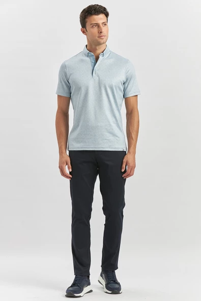 Koyu Mavi Merserize Garnili Pamuklu Casual Slim Fit Tişört 1011240164 - Resim 4