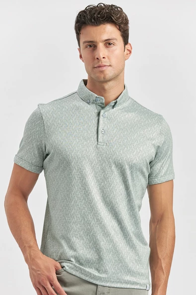 Koyu Yeşil Desenli Merserize Düğmeli Yaka Pamuklu Casual Slim Fit Dar Kesim Tişört 1011240163