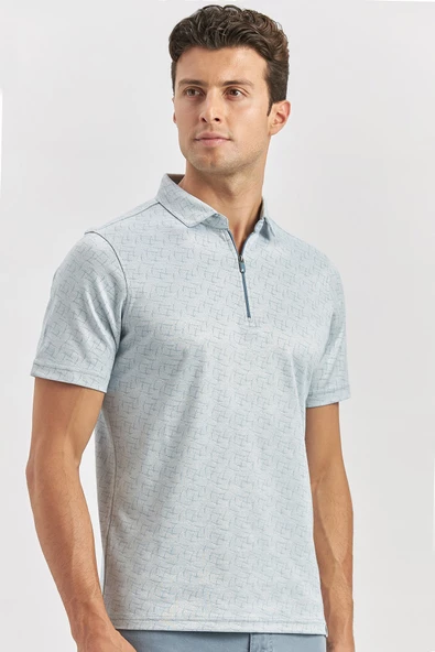 Koyu Mavi Desenli Merserize Polo Yaka Pamuklu Casual Slim Fit Dar Kesim Tişört 1011240159 ürün görseli